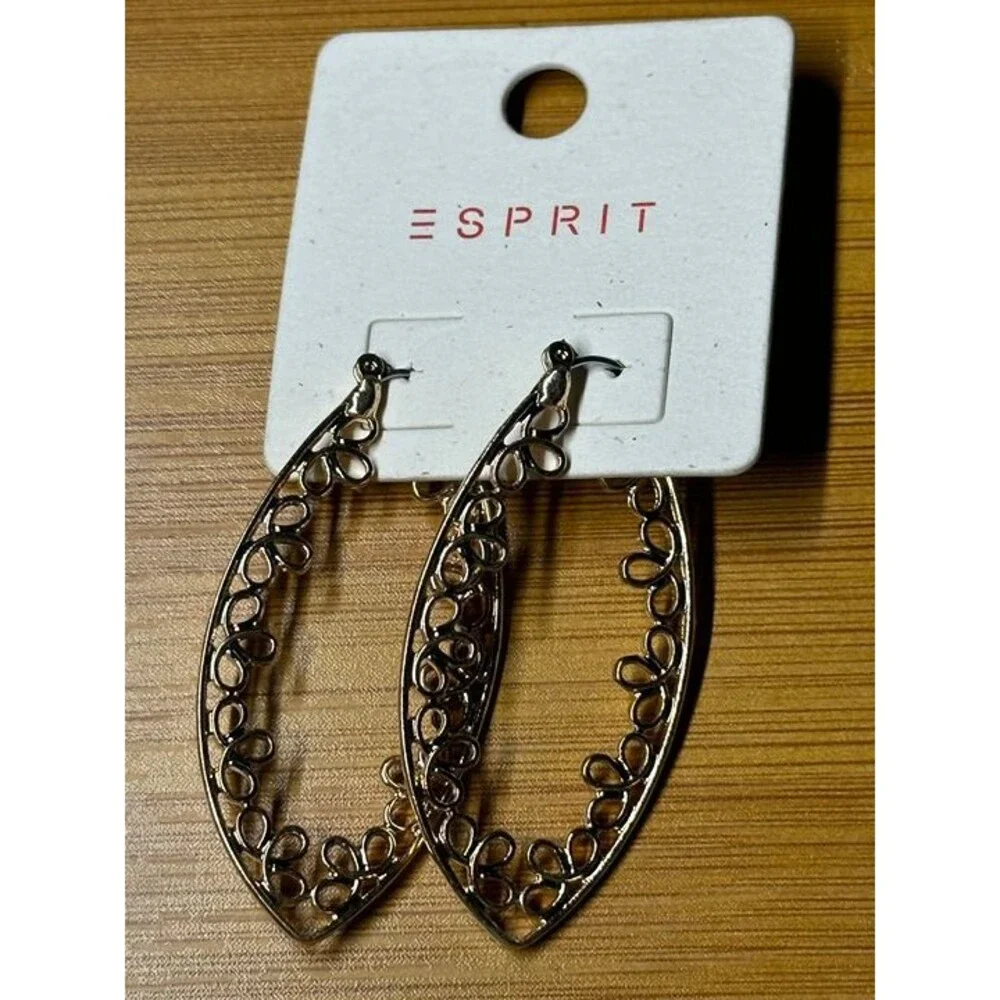 ESPRIT Gold Tone Filigree Teardrop Marquise Hoop Earrings Boho New Pair